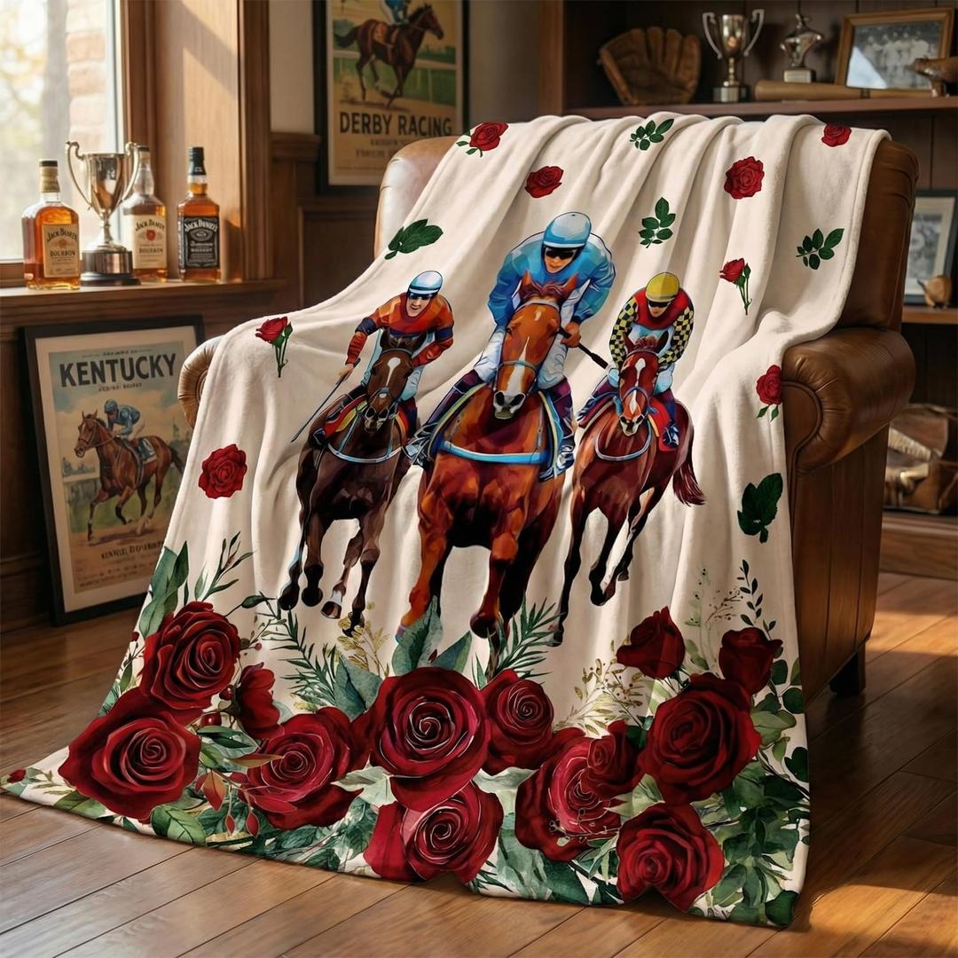 Horaldaily Horse Racing Flannel Blanket Throw, Horse Racing Roses Soft Fuzzy Plush Cozy Fleece Blankets for Couch Sofa Bed Lounging, Ideal Gifts for Kids Adults Self, 60x80
