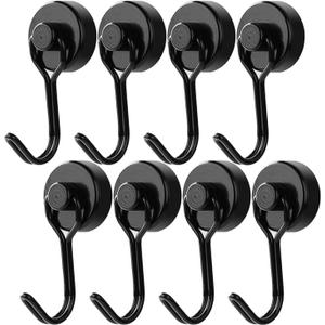Donanim 8 Pack Magnetic Hooks, 30LBS Neodymium Heavy Duty Hook for Cruise Cabins Strong Black Magnets Hooks for Fridge, Refrigerator, Grill, Swivel Swing Hooks for Kitchen Tools Hanging