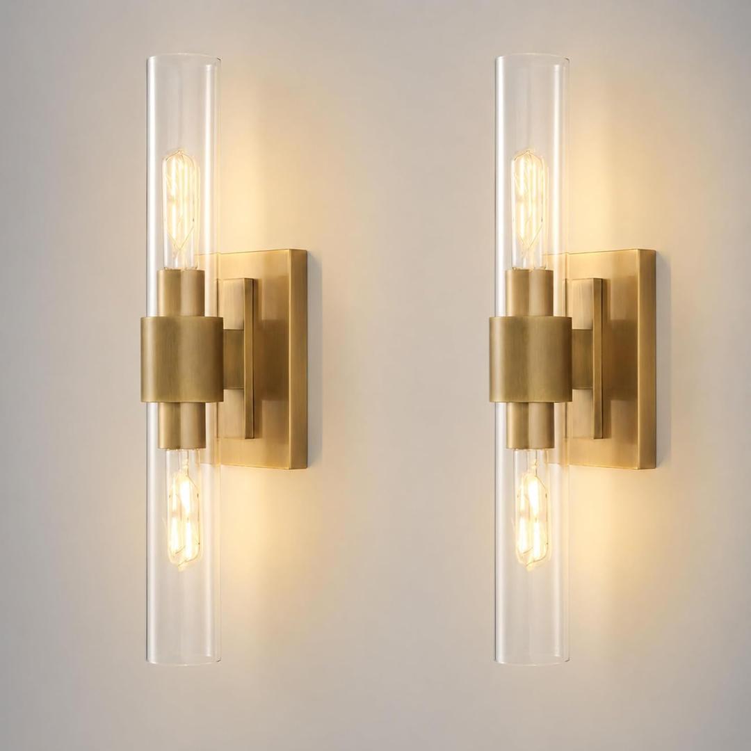 Champagne Brass Bathroom Wall Sconce - Set of 2 Modern Gold Light Sconces - Clear Glass Tube Vanity Lights - Vertical or Horizontal Mounted Dimmable Lighting Fixtures for Indoor Living Room Hallway, 2 Pack