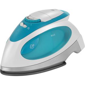 Sunbeam Travel Steam Iron, 1080 Watt, Dual Voltage 120/240, Compact Size, Portable, Non-Stick Soleplate, Soft Touch Handle, Horizontal or Vertical Use, Travel Bag, White and Teal