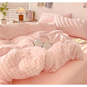 Kimko Pink Buffalo Plaid Gingham Duvet Cover Set,Grid Checkered Bedding Set with Zipper Closure,Gentle,Soft,Home Cozy and Breathable 3Pcs:1 Duvet Cover+2 Pillowcase (# 011, Twin-59''X79'')