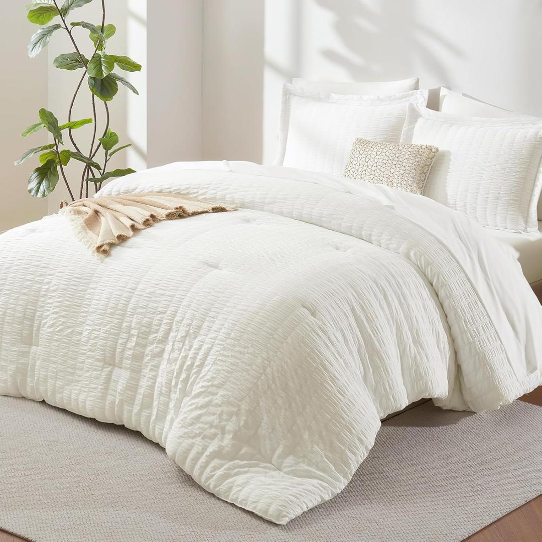 Full Size Comforter Sets, 7 Pieces Ivory Seersucker Bed in a Bag