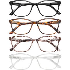 Przene 4 Pack Blue Light Blocking Reading Glasses, Readers for Women and Men with Spring Hinge (Black/Demi Brown/Leopard/Transparent)