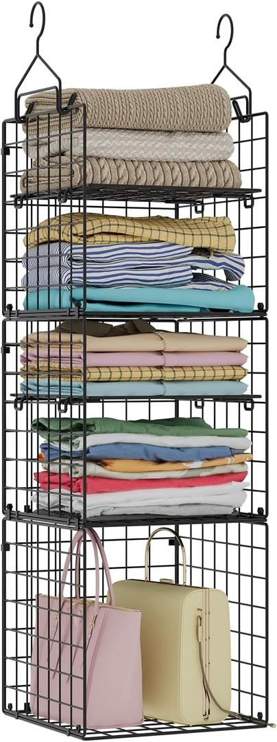 X-cosrack Hanging Closet Organizer and Storage - 5-Tier Closet Storage Organizer Baskets for Clothes & Adjustable Collapsible Metal Closet Hanging Organizer Shelves for Sweaters Shoes Handbags (Small, Black)