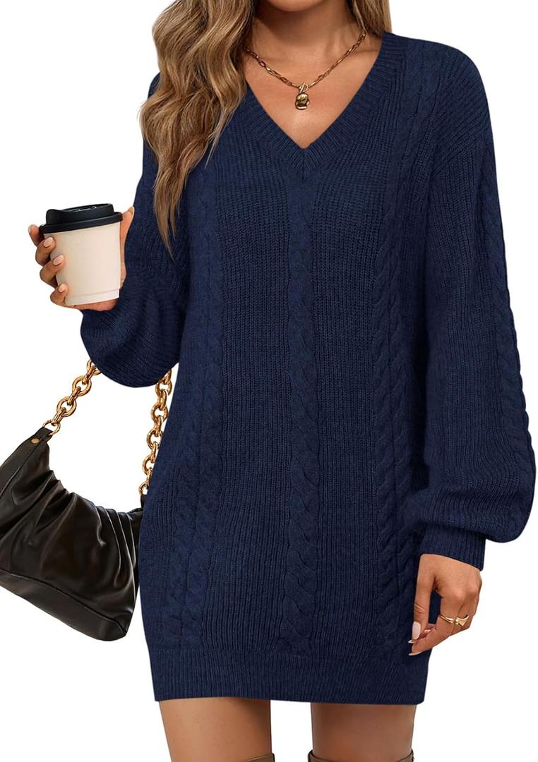 Saodimallsu Womens Oversized Mini Sweater Dress Casual V Neck Cable Knit Long Lantern Sleeve Fall Tunic Pullover Sweaters, Medium