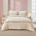 Simple&Opulence 100% Cotton Quilted Duvet Cover Set with Ruffle, 3 Pcs Muslin Gauze Comforter with Microfiber Filling, Shabby Chic Frill Farmhouse Rustic Handmade Stitching Bedding(Khaki, King)