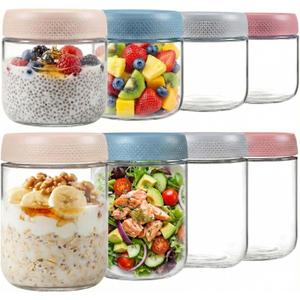 ColoVie 8 Pack Overnight Oats Containers with Lids, Chia Seed Pudding Jars, Stackable Mason Jars with Airtight Lids, Meal Prep, Wide Mouth Glass Food Storage for Snacks Yogurt Spice Sugar, 16oz 10 oz