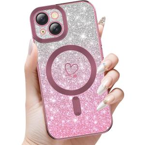 for iPhone 15 Plus case, Compatible with MagSafe, Luxury Plating Heart Pattern Design, Full Camera Lens Protector Soft TPU Protective Phone Case for Women Girls 6.7" (Pink)