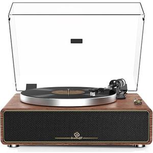 Record Player with Passive Bookshelf Speakers BeltDrive Vintage Turntable for Vinyl Records External Dual Stereo Speakers LP Players 3 Speed Wireless AUX Headphone Input Auto Stop Retro Black Wooden