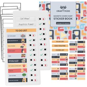 Magnetic Checklist Chore Board with Chore Sticker Book, Chores Chart for Kids, Set of 2 Magnetic Customizable Chore Charts with Insert Paper and 212 Stickers, Chore Chart for Multiple Kids