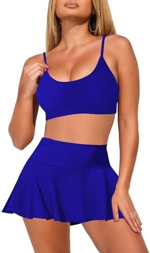 Kisscynest Womens Swim Skirt High Waisted Bikini Sets Two Piece Tummy Control Swimsuits Scoop Neck Sporty Bathing Suit, Size Small
