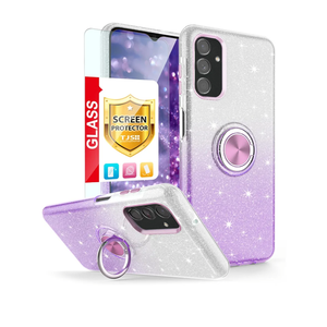 Compatible with Samsung Galaxy A15 5G Case, with Tempered Glass Screen Protector, Metal Ring Magnetic Support Kickstand Tone Shinny Glitter Phone Case (Purple)