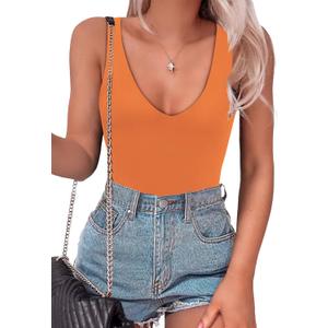 SAUNGKUAI Womens Bodysuit Sexy Plunge Deep V Neck Backless Sleeveless Tank Thong Body Suits Outfits for Going Out (Large, Orange)