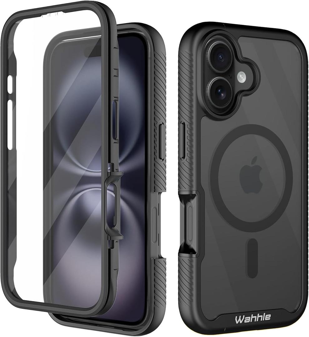 wahhle Compatible with iPhone 16 Plus Case, Magnetic Built in Screen Protector Full Body Shockproof Slim Fit Bumper Protective Phone Cover 6.7'' Men Women-Black/Clear