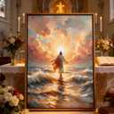 Framed Jesus Walking on Water Canvas Wall Art Christian Spiritual Divine Light Painting Picture Wall Decor Modern Religious Faith Poster Print Artwork for Church Prayer Room Bedroom Home Decoration, 24"L x 16"W