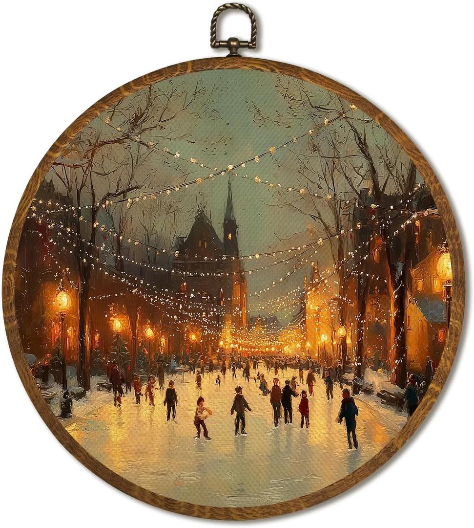 Vintage Winter Wall Art Decor 10x10Inch, Ice Skating Circular Wall Art Framed Canvas Print Decor, Winter Skating Scene Wall Art Decor for Christmas Lights(Skating)