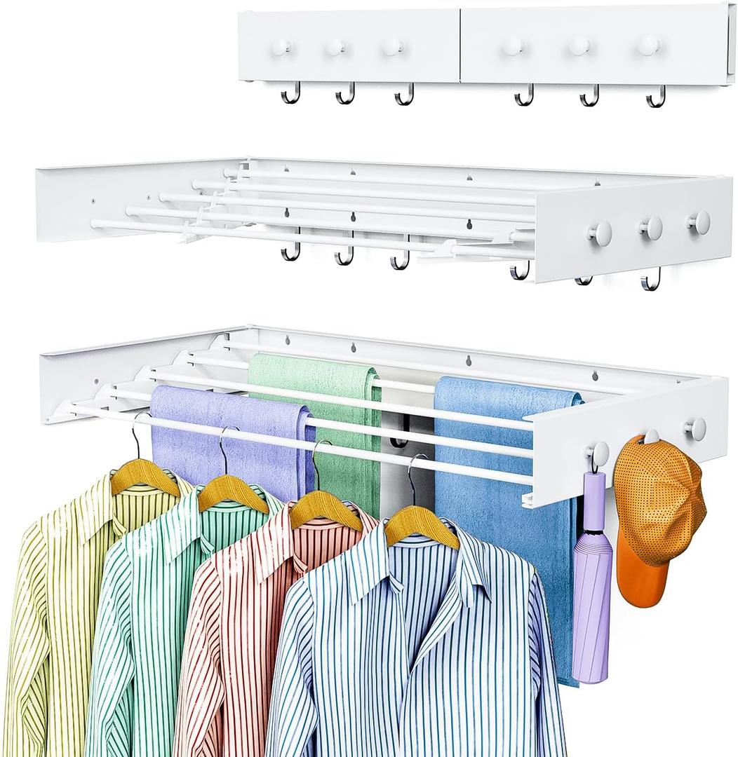Drying Rack Clothing,Clothes Drying Rack Wall Mounted,Laundry Drying Rack Wall Mount,Foldable,Collapsible,60 lb Capacity 5 Aluminium Poles with 6 Hooks (White, 31" Upgrade)