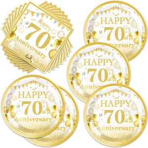 40PCS 70TH ANNIVERSARY BIRTHDAY PARTY SUPPLIES, INCLUDE 20 DESSERT PLATES, 20 NAPKINS, USED FOR WHITE GOLD ANNIVERSARY BIRTHDAY PARTY DECORATION