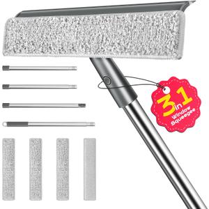 Window Squeegee for Home, Window Cleaner Tool with Extension Pole, Squeegee for Window Cleaning with 3 Microfiber Cloths and Screen Brush, Window Cleaning Kit for Car Windshield, Shower Glass Doors