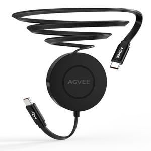 AGVEE 1ft Fixed / 2.3ft Extend USB-C to C Charger Cable Mountable One Way Retractable 60W Fast Charging Cord, Pocket-Sized for iPhone 16 15, Samsung, Android, Desk Organizer, Black