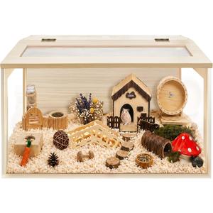 PROLEE Hamster Cage with Chewproof Wood Top, Guinea Pig Cages, Hamster Habitat with Clear Acrylic Sheets Solid Built, Small Animal Cage (Oak, 24X15.5X15.5 inch)