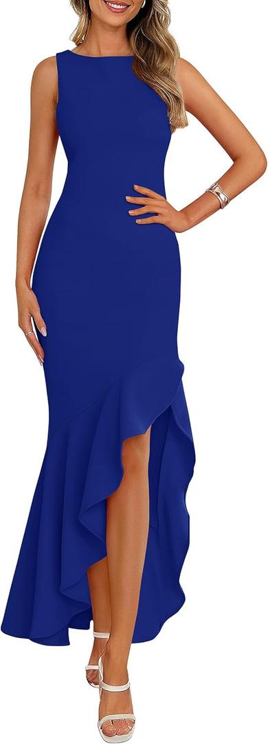 PRETTYGARDEN Wedding Guest Dresses for Women 2026 Summer Formal Gala Maxi Dress Ruffle Mermaid Cocktail Long Dresses (Large, Brilliant Blue)