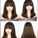 FANCEE Highlight Layered Wigs with Bangs 14 Inch Short Mixed Brown Glueless Ready-to-Go Straight Synthetic Bob Wigs for Women Realistic Scalp Daily Cosplay Use