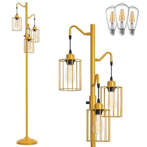 Flarouch Dimmable Floor Lamp, 3 x 800LM LED Edison Bulbs Included, Standing Lamp, Farmhouse Industrial Vintage Corner Tall Tree Floor Lamps for Living Room Bedroom Office, Gold