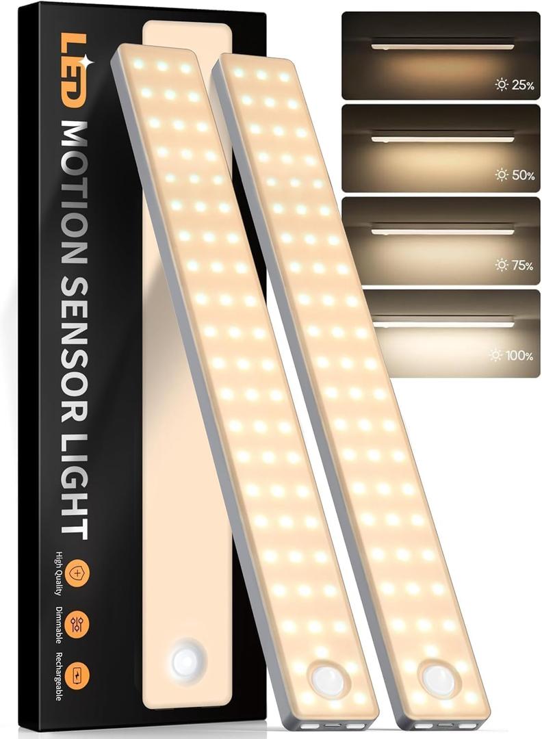 2 Pack Under Cabinet Lighting, Motion Sensor Light Indoor, Rechargeable Closet Lights Battery Operated, Wireless Dimmable LED Cabinet Lights, Under Counter Lights for Kitchen Warm Color (3000K Warm White)