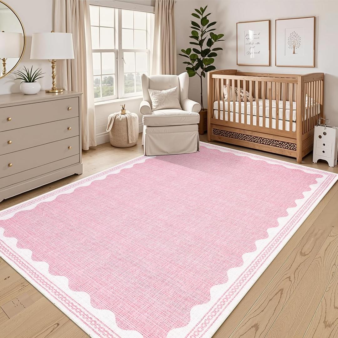 GarveeHome Scalloped 3x5 Washable Rug Non-Slip Low-Pile Indoor Rugs for Entryway Solid Pink Modern Minimalism Carpet for Bedroom Living Room Kitchen Bathroom Indoor Mat