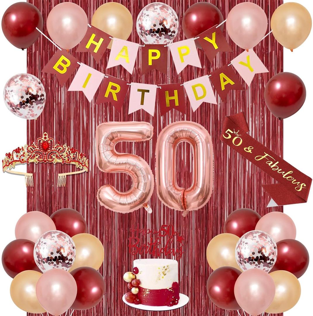 Trgowaul 50th Birthday Decorations for Women, Burgundy Red Rose Gold 50th Birthday Party Supplies, Banner, Sash and Crown, Cake Topper, 50 Number Balloon, Fringe Curtains, 50 Year Old Decoration Set
