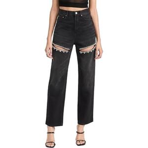 MIFJNF Women's Y2k Baggy Ripped Jeans High Waist Loose Rhinestone Distressed Wide Leg Pants for Women Streetwear(Black,Large)