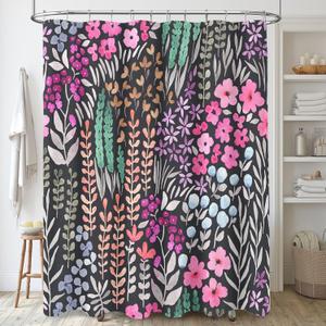 Black Pink Floral Shower Curtain, Hot Pink Boho Flower Fabric Shower Curtain, Cute Funky Watercolor Wildflower Shower Curtain Set, Cottagecore Bohemian Bathroom Decor, 72x72