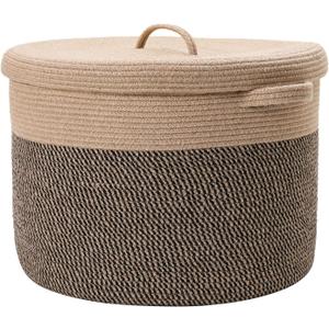 Cottonphant 20" x 20" x 15" Modern Jute/Black Mix Cotton Rope Storage Basket with Lid, Extra Large Laundry Hamper, Cloth Bin, for Clothes, Towels, Blankets, Pillows Storage in Living Room