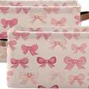 Bow Pink Storage Basket 2PCS, Large Collapsible Toys Clothes Organizer, Long-Lasting Canvas Storage Bin with Handle for Shelves Closet Laundry Home Office Decor (14 x 10 x 8 Inch x 2 Pack)