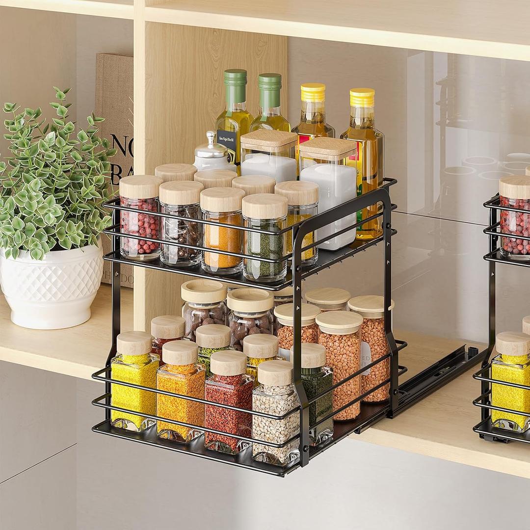 PanPanPal Pull Out Spice Rack Organizer for Inside Cabinet, 2 Tier Metal Spice Organization for Cabinet, 9.65"W x 10.7"D x 10.24"H, Vertical Slide Out Seasoning Organizer (Not for Cabinet with Lip) (Black)