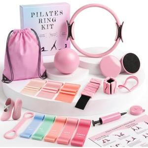 POVAVCX 24 PCS At Home Pilates Kit for Women, Pilates Equipment with 14.5" Pilates Ring and Ball, Ankle Weights, Bands, Slider, Stretch Ring, Grip Socks, Pilates Set Essentials for Starter Workouts