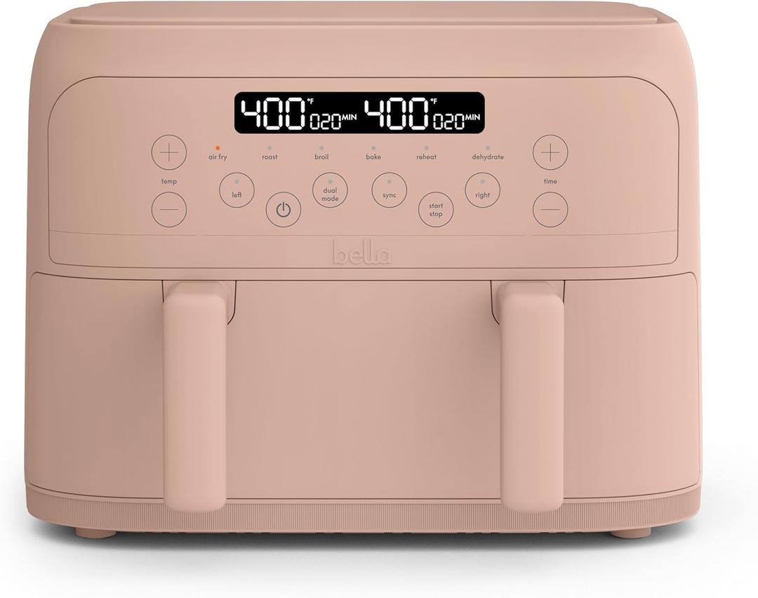 bella 4 Qt TriZone Air Fryer, EverGood Ceramic Nonstick Coating, Dual Basket Design w Removable Divider, Digital Touchscreen Control w 6 Preset Cooking Options, 1200 Watt, 3lb Capacity, Blossom