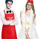 Xtinmee 2 Sets Funny Halloween Fried Chicken Couple Costume White Suit Chef and Funny Chicken Costume Set for Adult Men Women