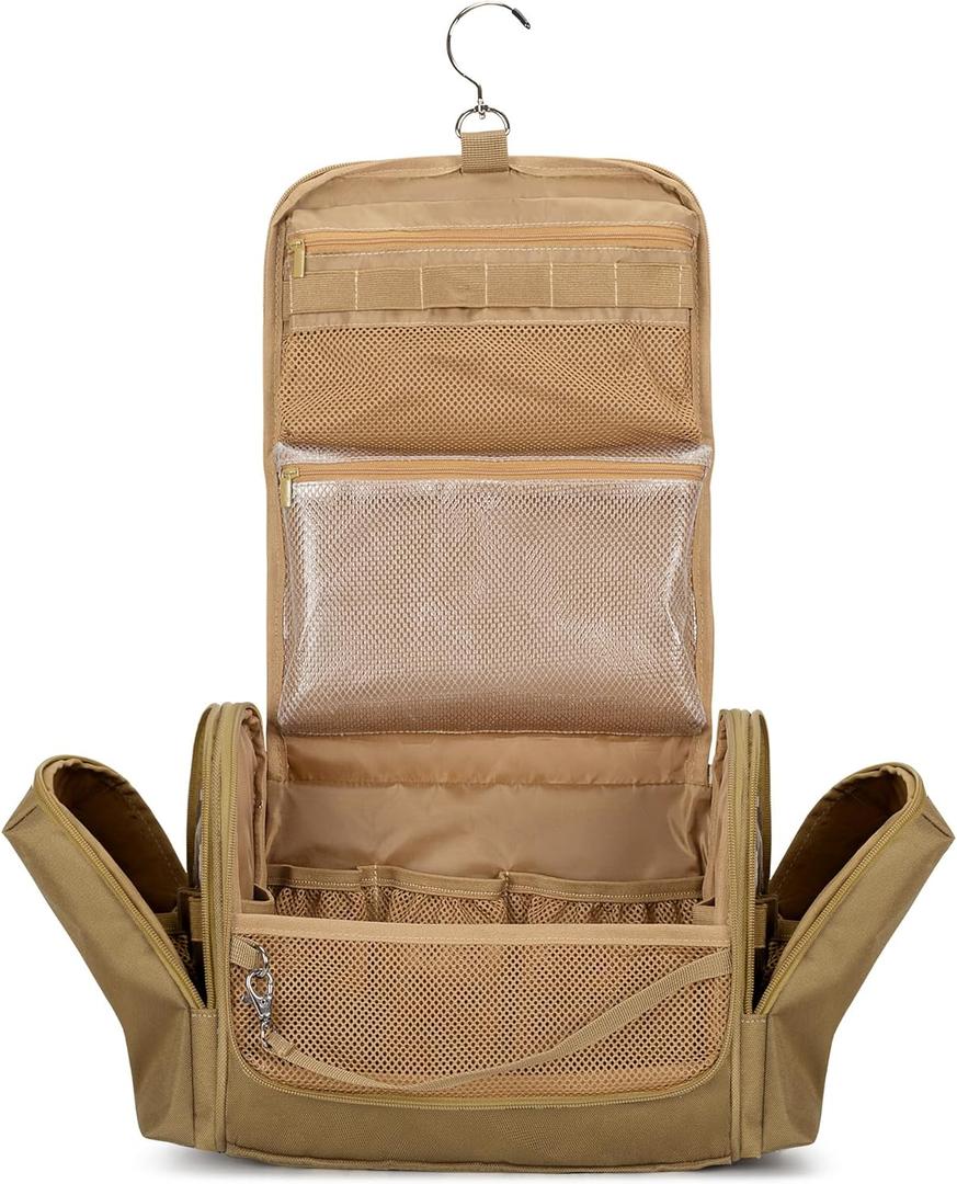 Tactical Toiletry Travel Bag for Men, Hanging Dopp Kit Hygiene Bag Shower Organizer with Hook for Toiletries and Shaving Care, Khaki (Empty Bag)