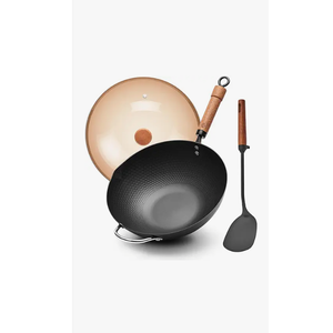 WANGYUANJI Carbon Steel Wok with Lid, 12.6" Hammered Stir Fry Pan with Helper Handle & Iron Spatula, Thickened Heavy Duty Flat Bottom Wok for Induction, Electric & Gas Stoves, Metal Utensil Safe