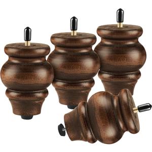 ALAMHI Round Wood Furniture Legs 3.5 Inch Gourd Shape Wood Sofa Legs with Adjustable Leveling Leg Replacement 5/16 inch Bolt for Cabinets,Coffee Table,Ottoman,TV Stand,Loveseat,Armchair Set of 4 Brown