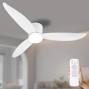 White 52 inch Ceiling Fans with Lights Remote Control, Modern flush mount ceiling fan with Quiet Reversible DC Motor for Bedroom Living Room and Patio Easy to Install,Indoor & Outdoor Use,Timer