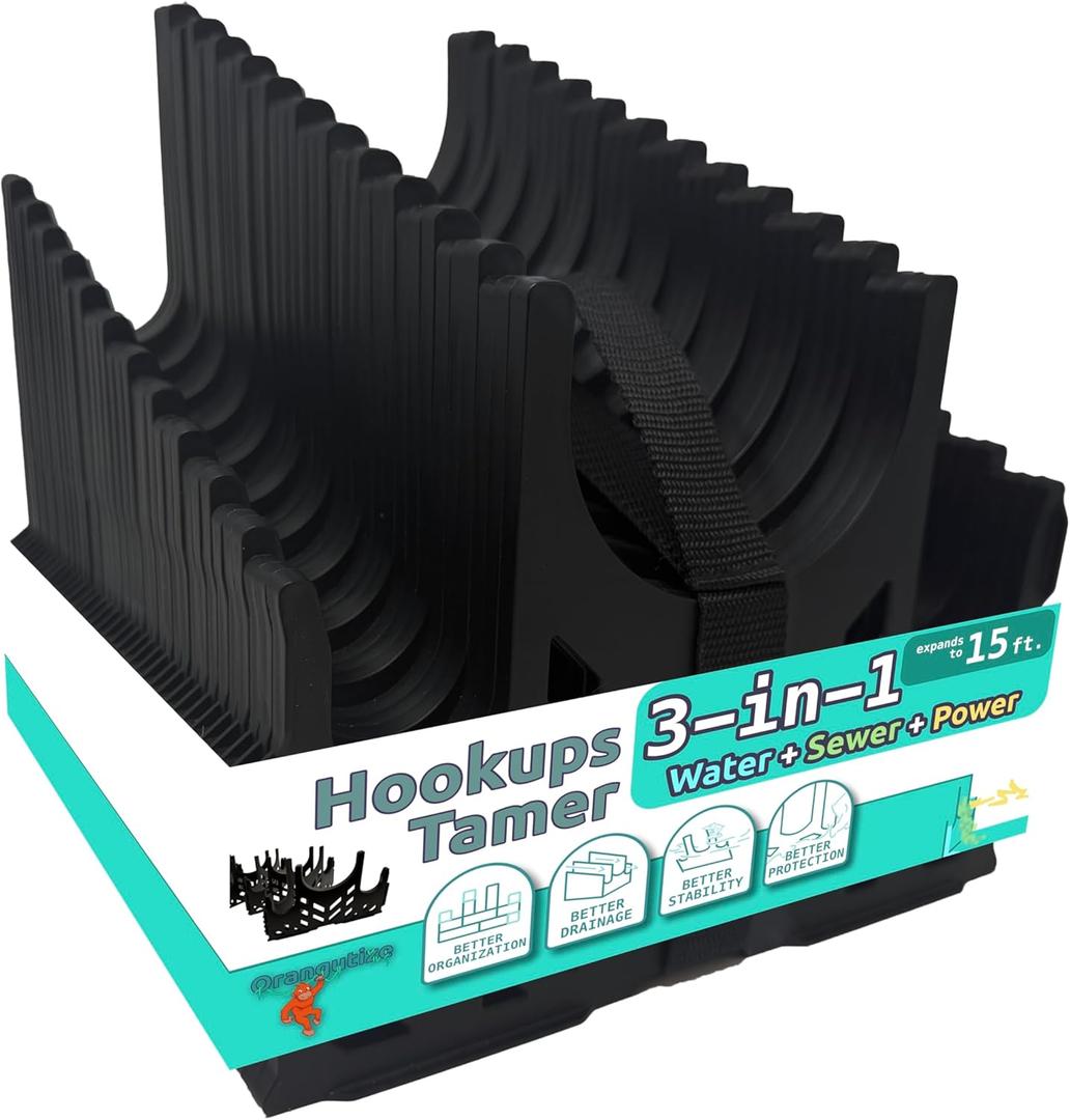 RV Full Hookups Tamer | 3-in-1 RV Sewer Hose Support plus Water Hose and Power Cord Cradles | Patent Pending design for more organization and better stability | Expands to 15 Feet
