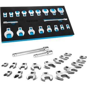 DURATECH 3/8" Drive Crowfoot Wrench Set with 2 Extension Bars, SAE & Metric, 19-Piece, 10-22mm & 3/8"-7/8", CR-V Steel, with EVA Foam Tool Organizer