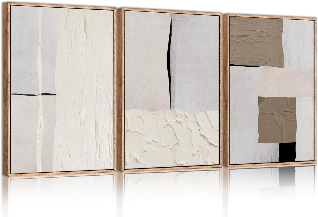 LHIUEM Large Abstract Neutral Framed Canvas Wall Art Set,Mid Century Beige Textured Wall Decor,Brown Gray Block Art Painting for Living Room,Bedroom,Dining Room,Office -24"x36"x3