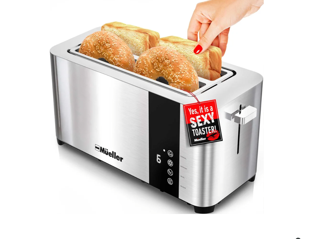 Mueller UltraToast Full Stainless Steel Toaster 4 Slice, Long Extra-Wide Slots for Bagels and Waffles, 6 Browning Levels, LED Display, Cancel/Defrost/Reheat Functions & Removable Tray, Kitchen Gadgets
