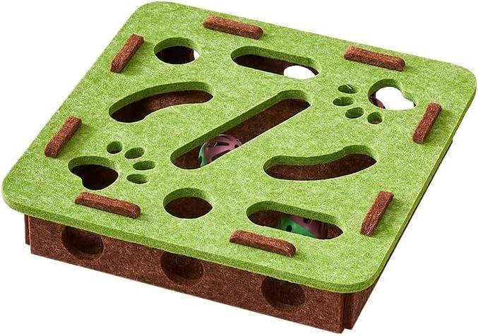 Interactive Cat Puzzle Feeder Toy - Felt Maze Box with 3 Jingle Balls for Indoor Cats Kittens | Mental Stimulation, Slow Feeding, Fun Exercise & Natural Hunting Instincts (Green/Brown)
