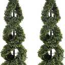46Inch Double Spiral Artificial Boxwood Topiary Tree 4" Plants Fake Faux Plant Decor in Plastic Pot Green Indoor or Outdoor, Set of 2