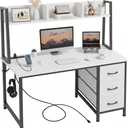 DLisiting Black Computer Desk with Hutch & Drawers - Office Desk with 3 Storage Drawers and Power Outlets, 47 Inch Modern Study Writing Desk for Bedroom Home Office